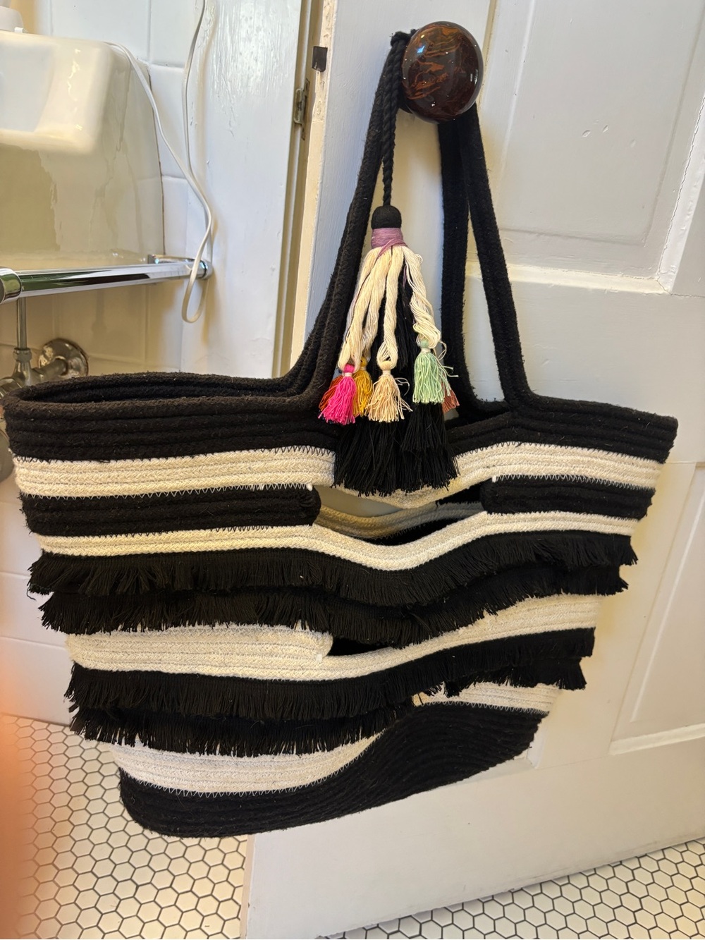 Stella & Dot Black and Cream Fringe Stripe Tote with Colorful Tassels